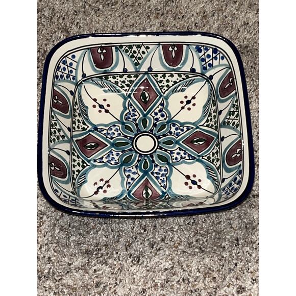 Le Souk Malika Ceramique Hand Painted Square Serving Bowl Tunisia Boho - Picture 1 of 4